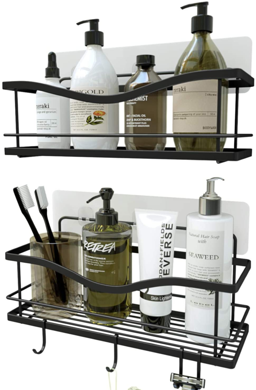 Shower Caddy Bathroom Shelf, No Drilling Traceless Adhesive Bathroom Storage Organizer, SUS304 Rustproof Food Storage Basket, 2-in-1 Kitchen Spice Racks-2 Pack (Matte Black)