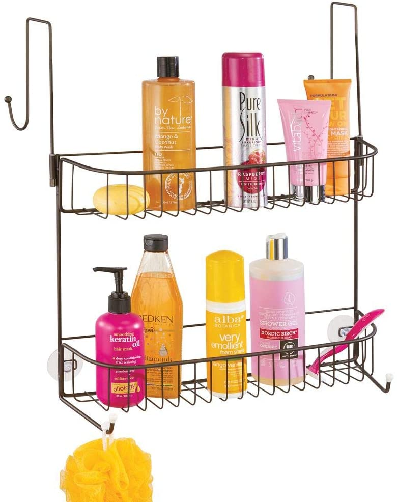 Extra Wide Metal Wire Over The Bathroom Shower Door Caddy, Hanging Storage Organizer with Built-in Hooks and Baskets on 2 Levels for Shampoo, Body Wash, Loofahs, Rust Resistant - Bronze