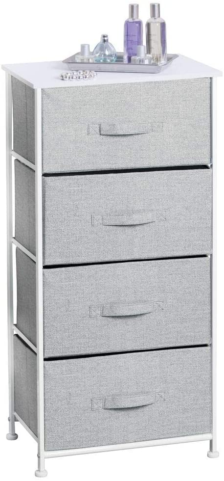 Vertical Dresser Storage Tower - Sturdy Steel Frame, Wood Top, Easy Pull Fabric Bins - Organizer Unit for Bedroom, Hallway, Entryway, Closets - Textured Print - 4 Drawers, Gray/White