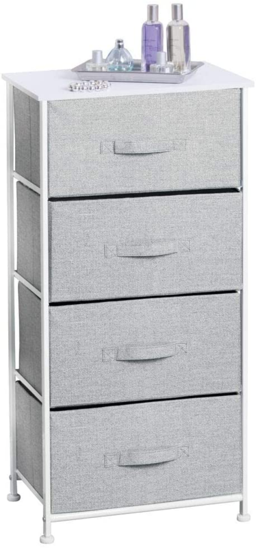 Vertical Dresser Storage Tower - Sturdy Steel Frame, Wood Top, Easy Pull Fabric Bins - Organizer Unit for Bedroom, Hallway, Entryway, Closets - Textured Print - 4 Drawers, Gray/White