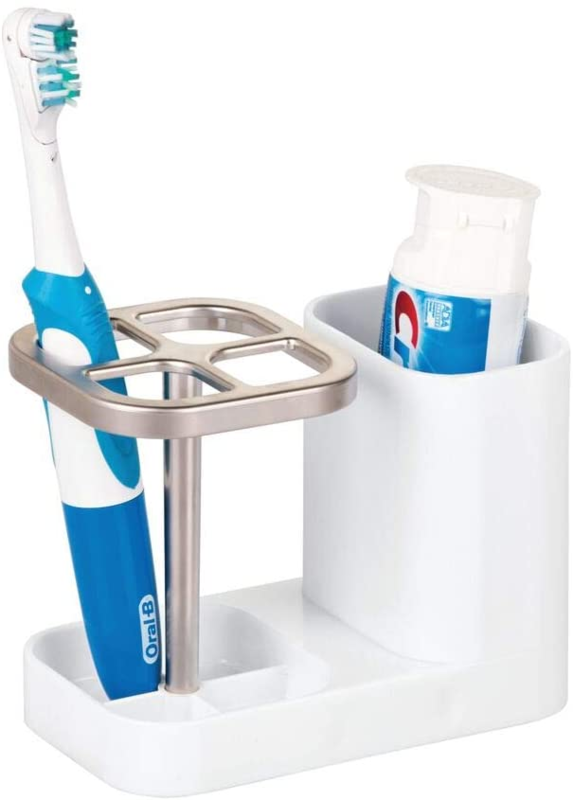 Bathroom Vanity Countertop Toothpaste &amp; Toothbrush Holder Stand with Cup/Dental Center, Holds Electric Toothbrushes - BPA Free - White/Satin