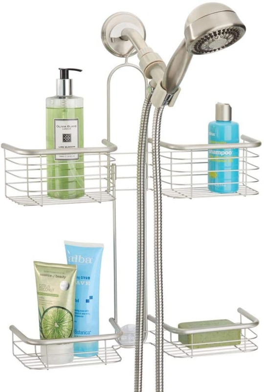 Metal Hanging Bath and Shower Caddy Organizer for Hand Held Shower Head and Hose - Storage for Shampoo, Conditioner, Hand Soap - 4 Shelf Format - Satin