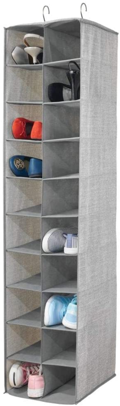 Soft Fabric Closet Organizer - Holds Shoes, Handbags, Clutches, Accessories - Large, 20 Shelf Over Rod Hanging Storage Unit - Textured Print - Gray