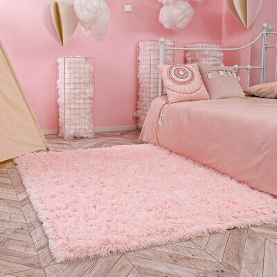 Machine Washable Fluffy Area Rugs for Living Room, Ultra-Luxurious Soft and Thick Faux Fur Shag Rug Non-Slip Carpet for Bedroom, Kids Baby Room, Nursery Modern Decor Rug, 4x5.3 Feet Pink