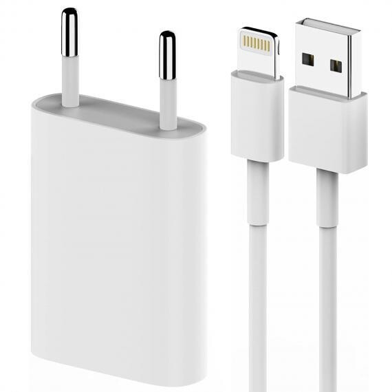 SET CAVO USB LIGHTNING DA 8 PIN DA 100CM + CARICATORE USB DA MURO 1A UNIVERSALE CON PROTEZIONE SOVRACCARICO