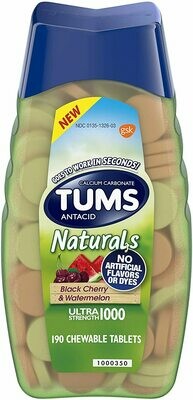 Tums Naturals Antacid Black Cherry & Watermelon 190 Chewable Tablets (GLUTEN FREE)