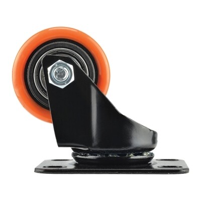 Rodaja giratoria de lamina negra, rueda de plastico recubierta de poliuretano naranja, 2 rodamientos de 65-96-30 base 95-61 (80kg)