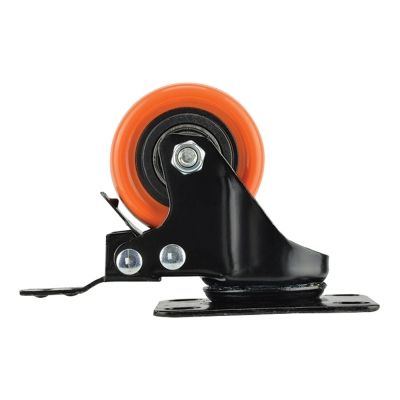 Rodaja giratoria de lamina negra, con freno, rueda de pvc naranja con 2 rodamientos de 65-96-30 base 95-61 (80kg)