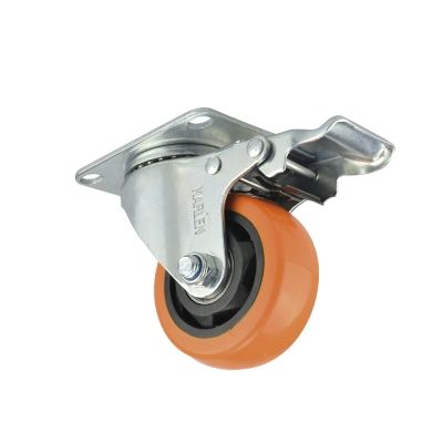 Rodaja giratoria de lamina galvanizada, con freno, rueda de pvc naranja con 2 rodamientos de 125-135-30 base 93-62 (120kg)