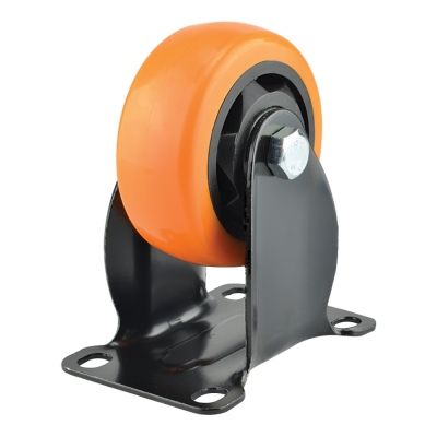 Rodaja fija de lamina negra, rueda de pvc naranja con 2 rodamientos de 50-73-23 base 70-57 (70kg)