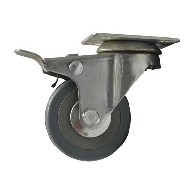 Rodaja giratoria de lamina, con freno, galvanizada, rueda de hule gris de 50-68-18 base 55-50 (50kg) Generico