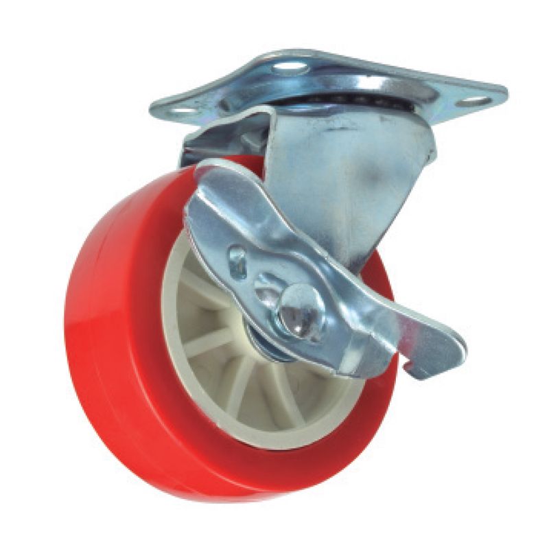 Rodaja giratoria de lamina galvanizada, con freno, rueda de pvc recubierta de poliuretano rojo de 40-52-18 base 47-40 (15kg) Generico