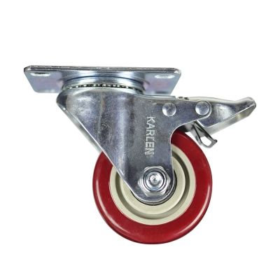 Rodaja giratoria de lamina galvanizada, con freno, rueda de pvc recubierta de poliuretano rojo con 2 rodamientos de 125-156-32 base 93-62 (100kg) Generico