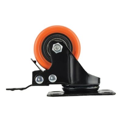 Rodaja giratoria de lamina negra, con freno, rueda de pvc naranja con 2 rodamientos de 50-73-23 base 70-57 (70kg) Generico