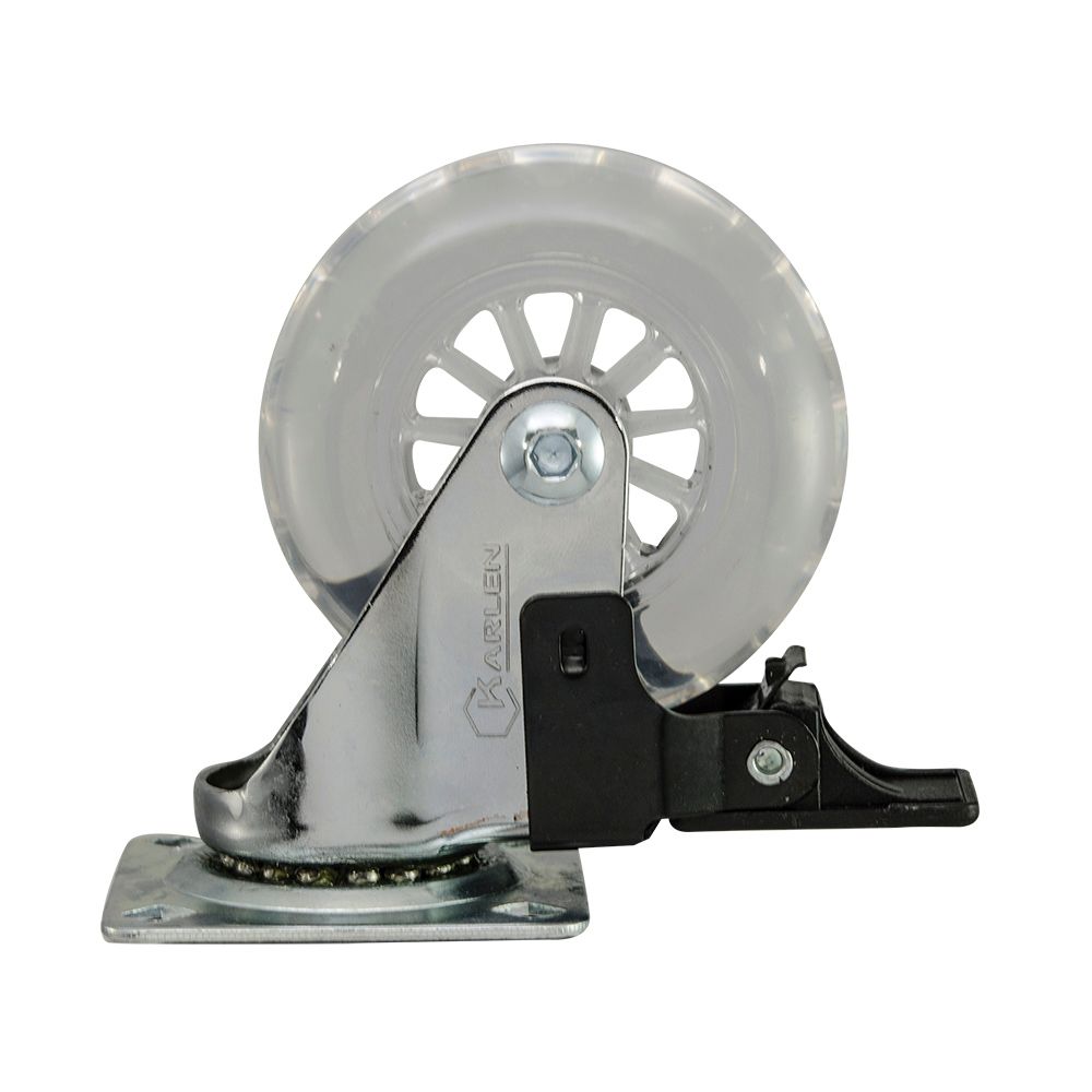 Rodaja giratoria de lamina galvanizada, con freno, rueda de poliuretano transparente de 62.5-95-19 base 60-60 (95kg) Generico