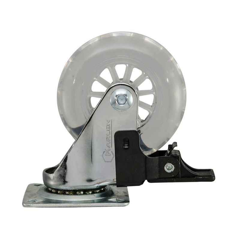 Rodaja giratoria de lamina galvanizada, con freno, rueda de poliuretano transparente de 62.5-95-19 base 60-60 (95kg) Generico