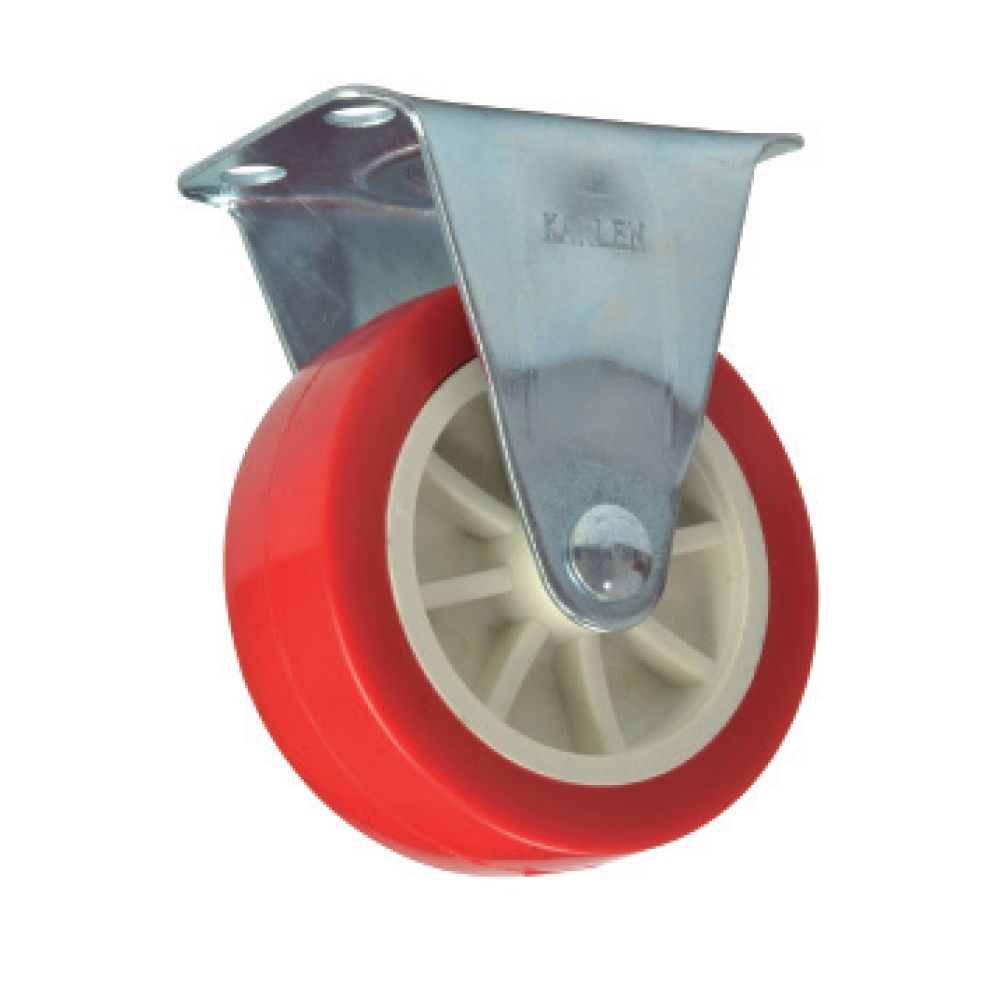 Rodaja fija de lamina galvanizada, rueda de plastico recubierta de poliuretano rojo de 65-82-26 base 65-54 (25kg) Generico