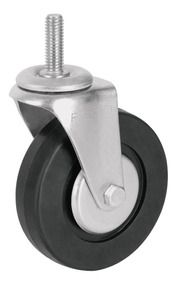 Rodaja de lamina galvanizada con espiga roscada, con freno, rueda de hule negro, 1 rodamiento de 65-85-25 espiga 35mm M12 (35kg) Generico