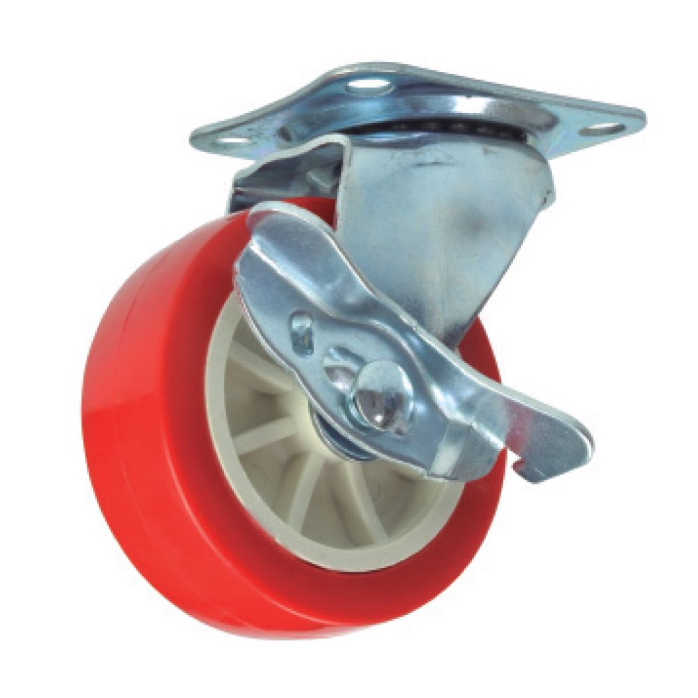 Rodaja giratoria de lamina galvanizada, con freno, rueda de pvc recubierta de poliuretano rojo de 65-82-26 base 65-54 (25kg) Generico