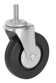 Rodaja de lamina galvanizada con espiga roscada, con freno, rueda de hule negro, 1 rodamiento de 85-95-26 espiga 60mm M12 (60kg) Generico