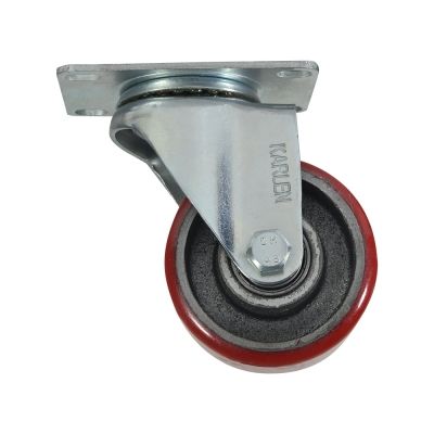 Rodaja giratoria de placa de fierro gris, rueda de fierro recubierta de poliuretano rojo con 1 rodamientos de 100-150-50 base 112-97 (250kg) Generico