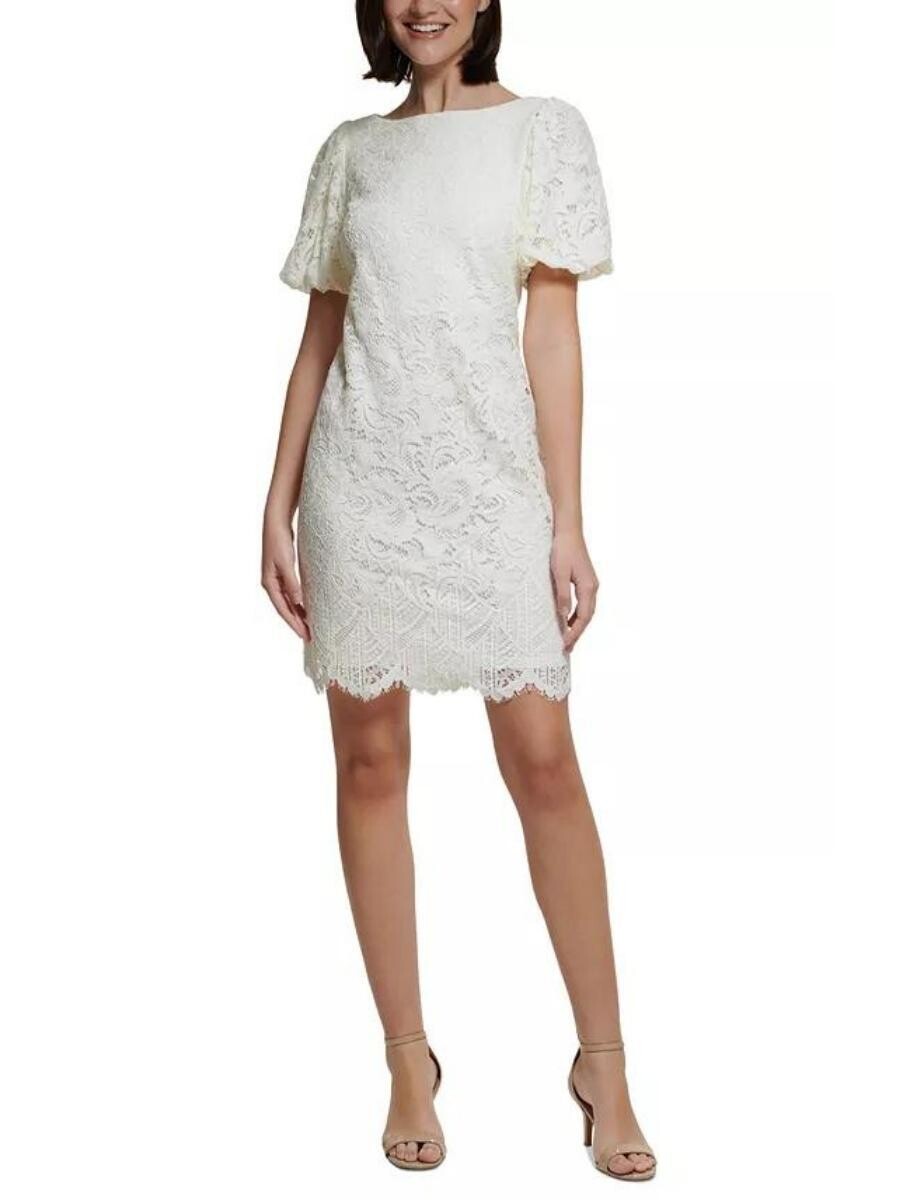 Vestido recto de encaje con mangas abullonadas