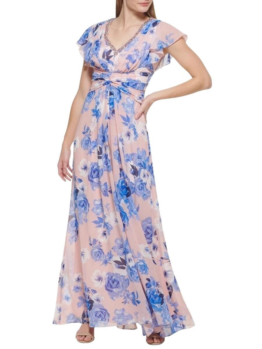 Vestido largo de manga acampanada con bordado en el cuello