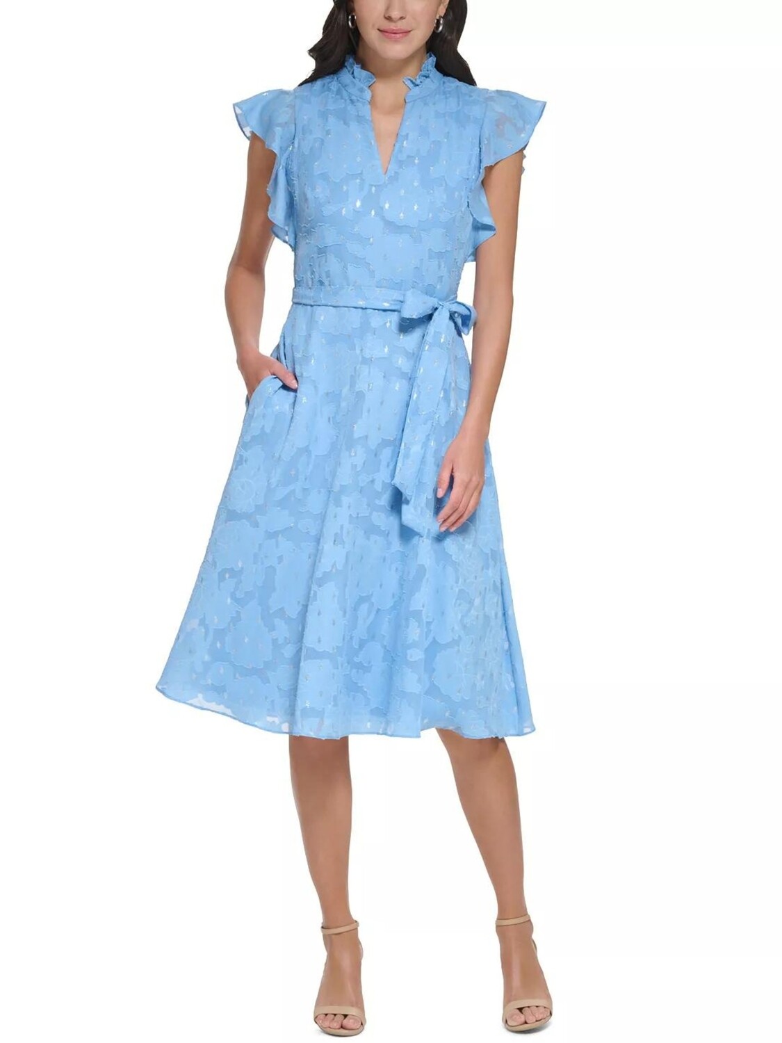 Vestido corto con mangas con volantes y lunares metálicos