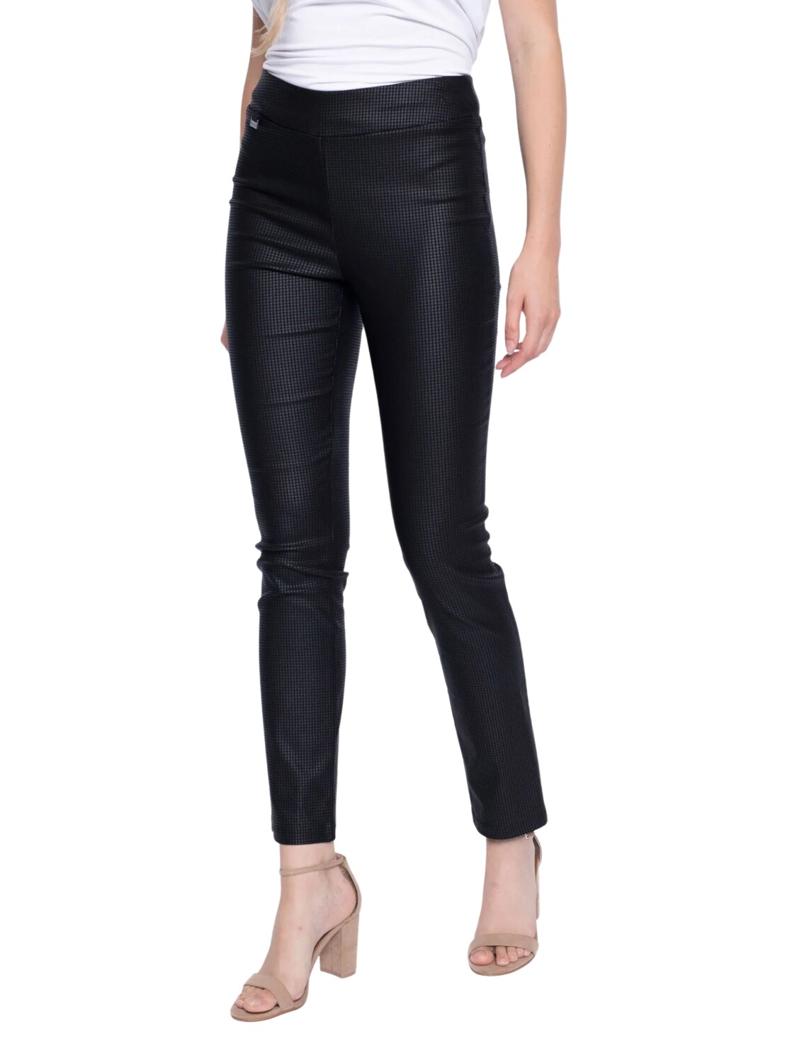 Pantalón recto con print de pata de gallo metalico.