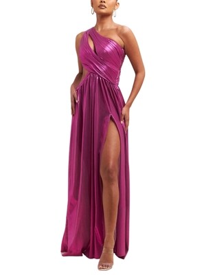 Vestido largo metalico de un hombro con costado descubierto