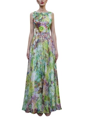 Vestido largo  sin mangas con flores 3D