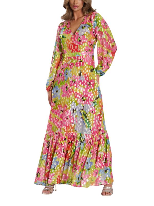 Joelle Vestido Maxi Arcoíris con Escote en V y Manga Murciélago
