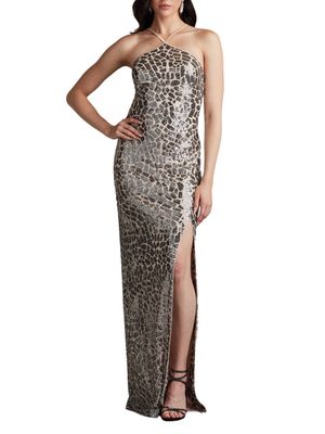 Vestido largo de lentejuela con bordado de animal print