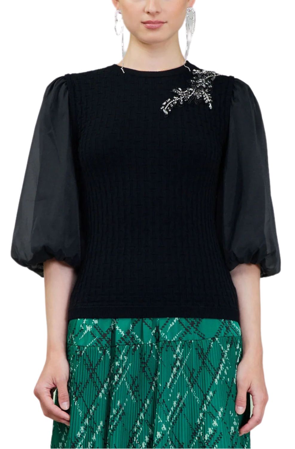 Sweater de manga globo con broche