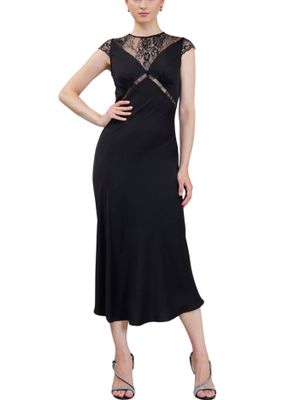 Vestido midi de manga corta en satin con encaje