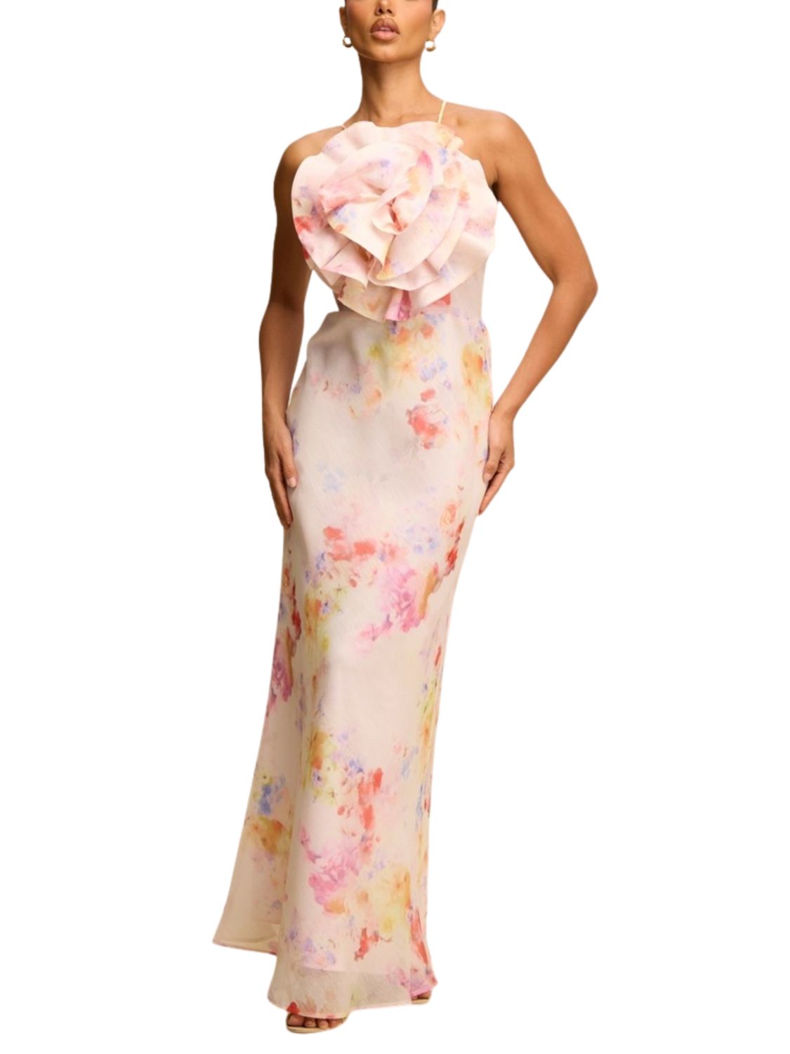 Vestido Largo Multicolor con Flor 3D y Cuello Halter