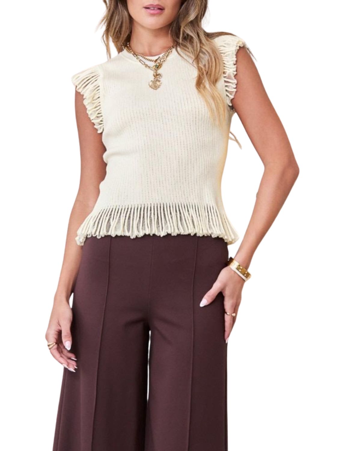 Blusa de Punto con Cuello Redondo y Manga Escarola