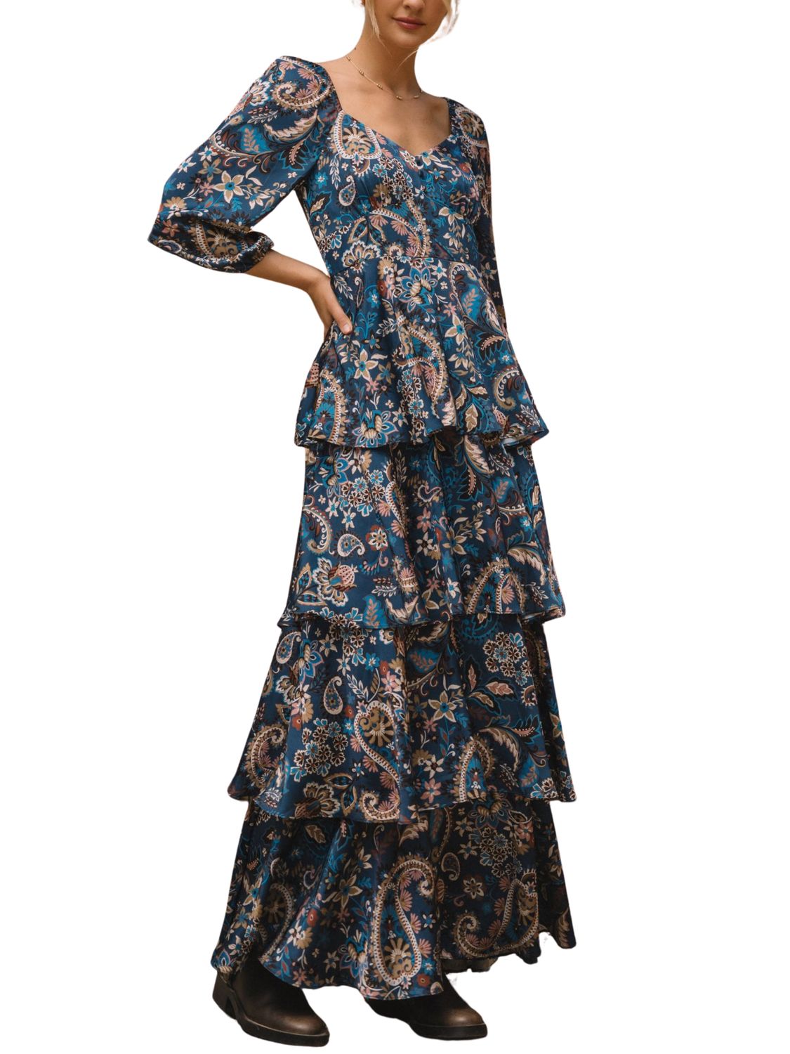 Maxi Vestido Multicolor Satinado con Olanes y Escote en V
