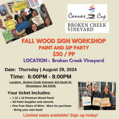 DIY Wood Sign Workshop - Paint & Sip Party at the Broken Creek Vineyard | Thursday, August 29, 2024 | 6:00pm to 8:00pm