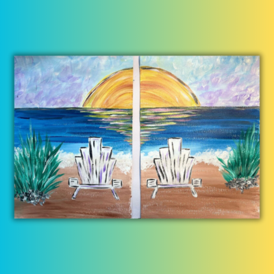 Couple's Sunset Beach Chairs Double At Home Painting Kit & Video Tutorial - Free Shipping
