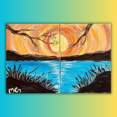 Couple's Sunset Over The Lake Double Painting Kit & Video Tutorial - Free Shipping