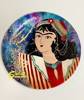 Qajar girl & Persian calligraphy on ceramic plate