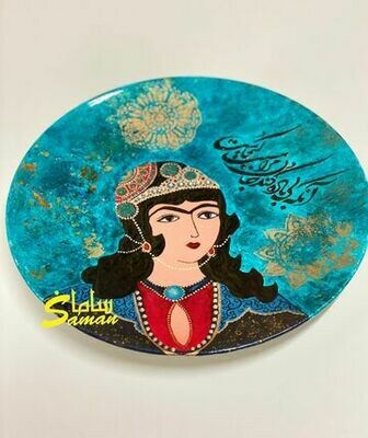 Hand-painted Qajar girl and Persian calligraphy on ceramic plate