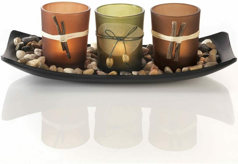 Natural Candlescape Set, 3 Decorative Candle Holders, Rocks and Tray
