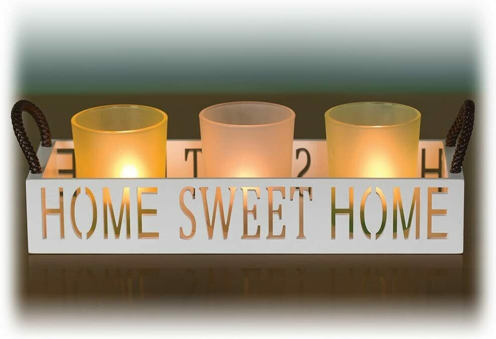 Home Sweet Home 3 Glass Candle Holder Set, LED Tealights and Decorative Tray