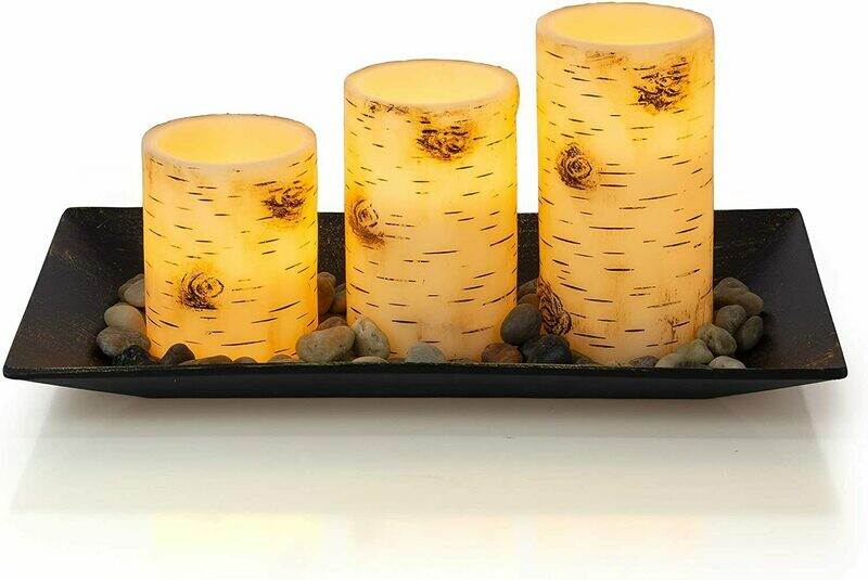 Birch Bark Candlescape Set, 3 LED Flickering Flameless Wax Candles, Decorative Tray, Rocks &amp; Remote Control