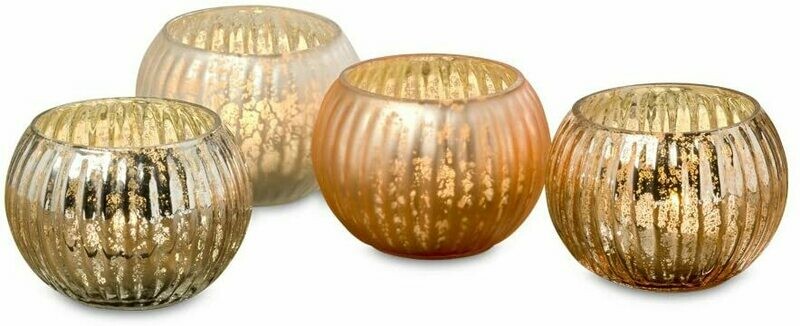 Romantic Hamptons Chubby Votive Candle Holders, Set of 4, Centerpiece, Wind Lights, Reflective Peach, Champagne, Silver and Frost With Gold Gilt Details, 3 Inches