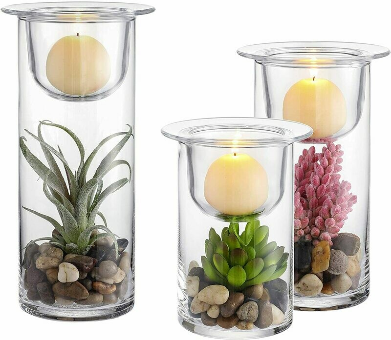 Glass Candle/Succulents Holder with Decorative Cobblestone Set of 3 (Not Include Candle)