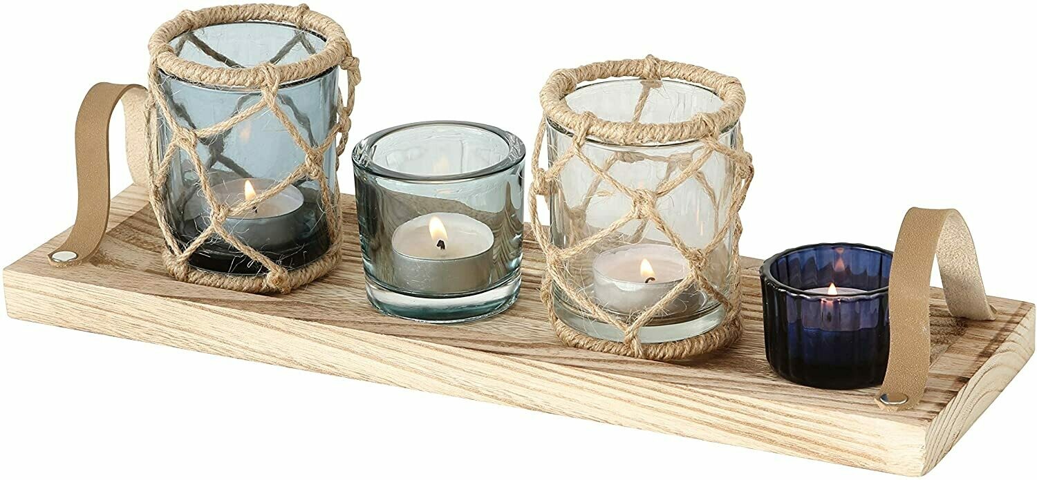 Beach Chic Wind Lights, Centerpiece Set of 5, Rope Wrapped Blue and Clear Glass Tealight Candle Holders, 1 Wood Tray, 14.5 Inches Long