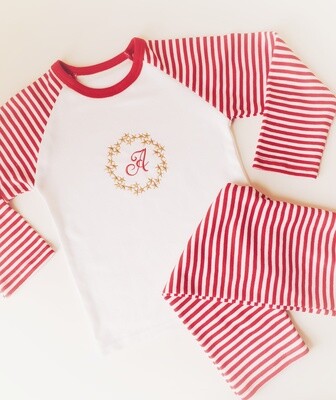 Personalised Red Stripe Long Raglan Sleeve Pyjama Set